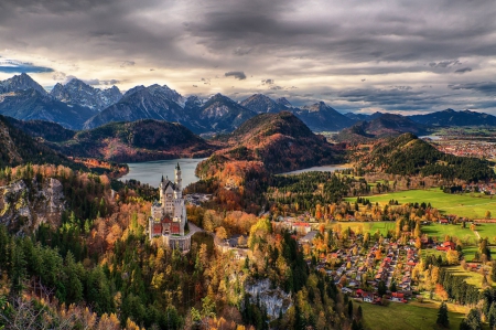 Neuschwanstein Castle, Germany - village, building, lake, landscape, clouds, mountains