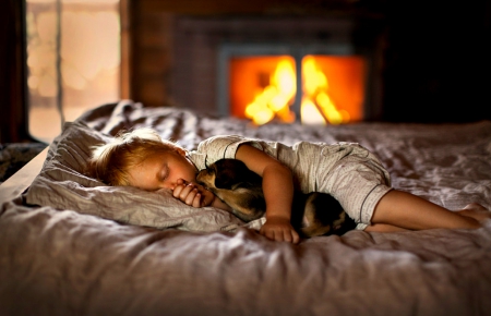 Sweet Dreams - bokeh, dog, love, sweet, child, boy, fireplace, adorable, puppy