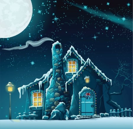 Winter night - moon, lantern, winter, night, house