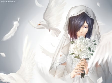 White Innocent - pretty, bird, anime, female, dove, dress, ghoul, touka, hd, nice, bride, anime girl, beautiful, girl, feather, beauty, lovely, kirishima, sweet, flower, petals, bouquet, cg, white, black hair, tokyo ghoul