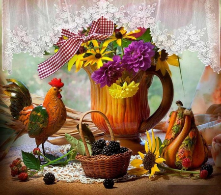 Autumn Still Life - flowers, blackberries, artwork, pumpkin