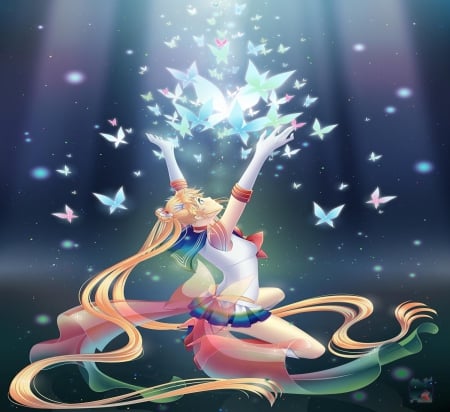 Butterfly Dream - princess, girl, magic, usagi, night, long hair, serenity, sailor moon, butterfly, anime