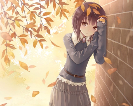 Against the Wall - pretty, anime, female, dress, gloomy, short hair, gloom, sad, sorrow, nice, anime girl, skirt, beautiful, girl, beauty, lovely, brown hair, sweet, blouse, leaf, wall, leave