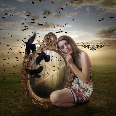 In the Mirror - lady, fantasy, birds, mirror