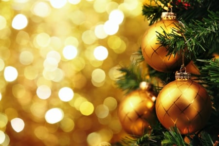 Xmas - balls, fir tree, merry, decoration, gold, christmas