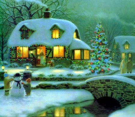 â˜…Christmas Eve Cottagesâ˜… - people, cottages, children, pretty, paintings, xmas and new year, snowman, light, winter, lovely, christmas, christmas tree, love four seasons, holidays, snow, beautiful, colors