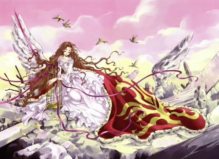 Break Free - nunnally, angel, wings, anime girl, feather, birt, divine, beautiful, sweet, dress, nice, beauty, sky, geass, brown hair, angelic, gorgeous, pretty, cloud, anime, scene, splendid, girl, loli, code geass, gown, lovely, cg, cage, hd, wing, sublime, awesome, cape, lolita