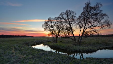 Sunset - fields, trees, sunset, river