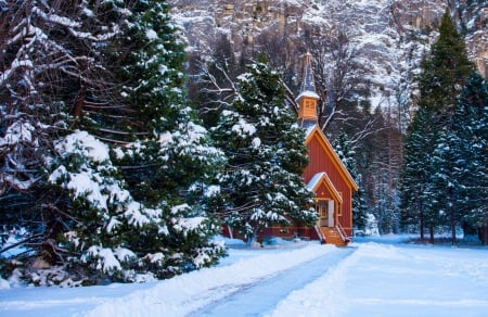 Yosemite Chappel - usa, snow, firs, national Park, mountains