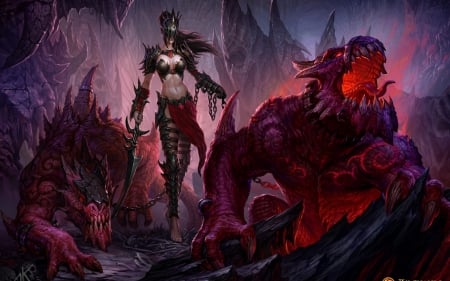 Fantasy girl - maiden, girl, dark, monster, fantasy, dragon, mask, red, woman, monsters, art