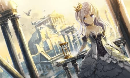 Perish - princess, nice, female, tiara, hourglass, anime girl, pretty, anime, silver hair, scene, maiden, lady, scenic, long hair, royalty, loli, gown, lovely, bird, sweet, lolita, dress