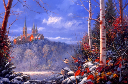 Between autumn and winter - hill, cardinal, winter, beautiful, snow, lovely, mountain, fall, nature, autumn, painting, art, castle, sky