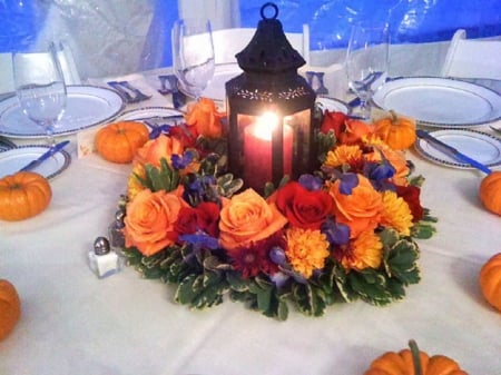 Festive Autumn Decoration - flowers, roses, porcelain, candle, table, lantern