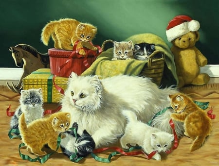 White Cats with Kittens - pretty, creative pre-made, paintings, colors, lovely, xmas and new year, kittens, cute, cats, Christmas, love four seasons, draw and paint, animals, ribbons, kitty