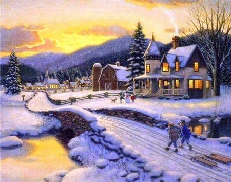 â˜…Winter Eveningâ˜… - love four seasons, pretty, winter, xmas and new year, beautiful, christmas trees, holidays, christmas, cottages, children, lovely, colors, paintings, snow