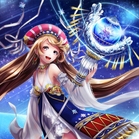 Magic - pretty, star, wand, anime, magic, female, dress, long hair, happy, hd, nice, smiling, anime girl, beautiful, girl, beauty, lovely, brown hair, sweet, cg, smile, magical girl, magica, lstaff