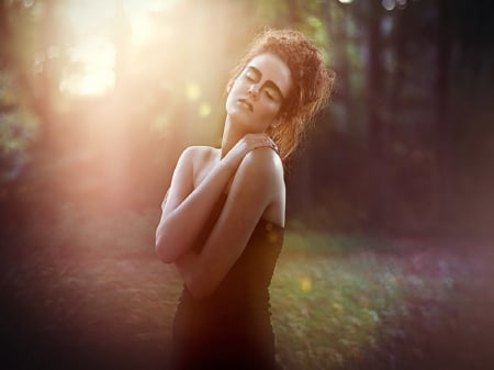 Sunlight - beauty, bokeh, girl, trees, sunlight, field, flowers, makeup