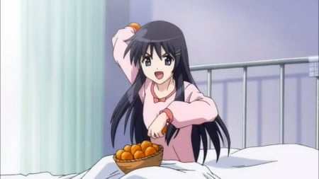 Here's Ur Oranges - nice, bed, female, smiling, akiba rika, silly, anime girl, black hair, oranges, curtain, pretty, throw, anime, cute, scene, rika, adorable, girl, long hair, funny, lovely, fruit, hanbun no tsuki ga noboru sora, kawaii, rika akiba, sweet, bedroom, smile, hanbu, happy