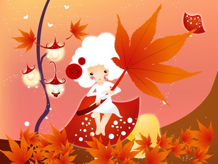 Maple leaves are falling - maple tree, lady, autumn, lanterns, falling leaves