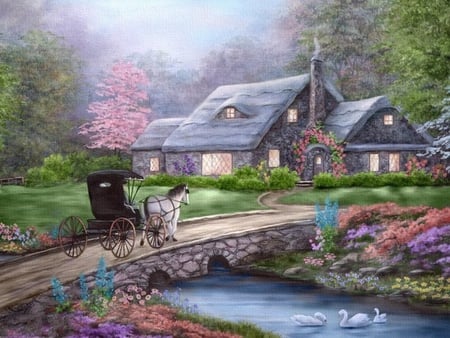 Buggy Cottage Penny Parker - swan, cottage, buggy, water, painting, pretty, river, house, bridge, garden, swans, lake, blooms, plants, nature, village, horse, pink, flowers, sunrise