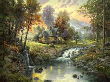 Mountain-Retreat - wildlife, forest, creek, cottage, artwork, cabin, deer, thomas kinkade, scenery, river, tree, nature, mountain, wide screen, kinkade, path, bird, water, duck, landscape, art, lake, sky, retreat, house, trees, painting