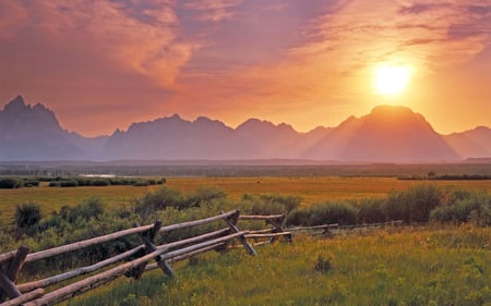 Sunset  - sunset, nature, landscape, sunrise, grass, mountains