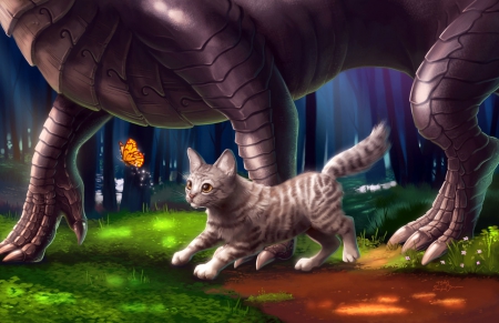 Through the woods - dragon, kitten, butterfly, walk, woods