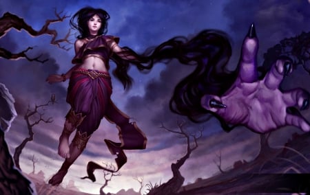 Lady Nak - woman, heroes of newerth, girl, lady nak, fantasy, black, sorceress, purple, game, pink, hand, blue