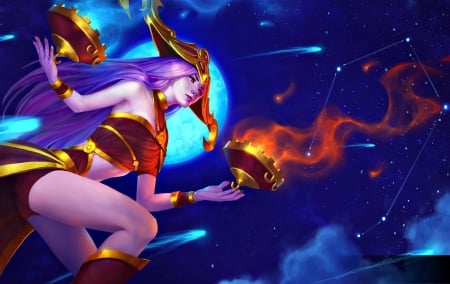 Libra - moon, game, blue, girl, Heroes of Newerth, fantasy, fire, red, woman, libra, zodiac