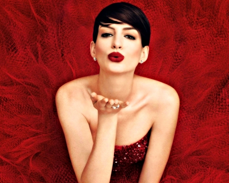 Anne Hathaway - red, anne hathaway, kiss, actress, girl, woman