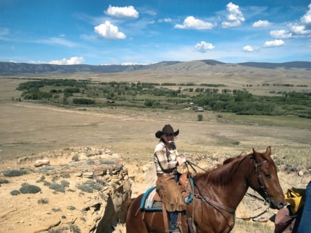 Cowgirl And Big Sky - style, girls, western, women, hats, ranch, cowgirls, outdoors, horses, sky, female