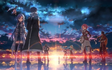 Dawn - female, scenery, scene, night, light, yui, armor, yuuki, sword art online, sao, silica, asuna, lyfa, yuuki asuna, leafa, knight, lisbeth, horizon, anime, evening, team, alo, boy, male, group, dawn, kirito, sky, anime girl, klein, girl, sinon, glow, glowing, cloud, pina