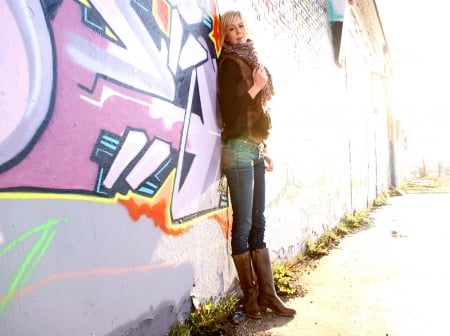 Cowgirl Style - girls, women, style, fun, building, female, graffiti, fashion, cowgirls, boots, western, blondes, alley