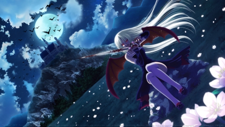 Jouko Sakashita - moon, girl, night, long hair, blood, orginal, vampire, dark, game, visuel, novel, sword