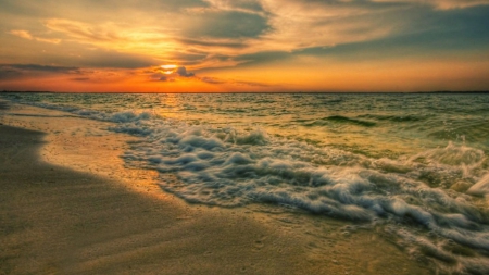 Sunset over Ocean Waves - waves, sunsets, nature, beaches