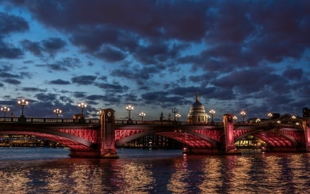 Nightscape of London, England - Reflection, London, Cityscape, Bridge