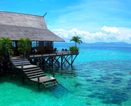 Crystalline Waters - hills, summer, lagoon, beach, beautiful, sea, crystal, tropical, dive, bungalow, paradise