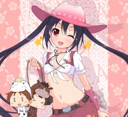 Howdy - anime, twin tail, kawaii, female, twintail, wink, nakano, pink, long hair, tain tails, k-on, cowgirl, azusa nakano, nice, hat, anime girl, kon, twintails, girl, lovely, cap, sweet, nakano azusa, k on, azusa, black hair, cute, adorable, sexy