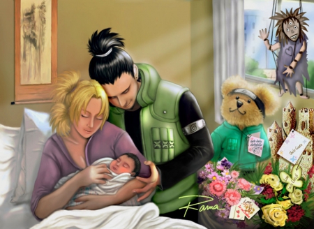 Happy Family - pretty, mummy, female, happy, shinobi, bed, naruto, teddy, mother, nice, parents, mum, b  euaty, baby, flower, father, anime, babies, guy, daddy, family, boy, male, konoha, teddy bear, mommy, hug, shikamaru, autiful, anime girl, beautiful, girl, lovely, sweet, naruto shippuuden, ninja, shippuuden