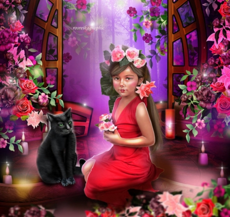 Serenity - photomanipulation, girls, roses, candles, fantasy, creative pre-made, art, pretty, love fours seasons, cat, girl, lovely, abstract, weird things people wear, beautiful, cats, beloved valentines, flowers, colors