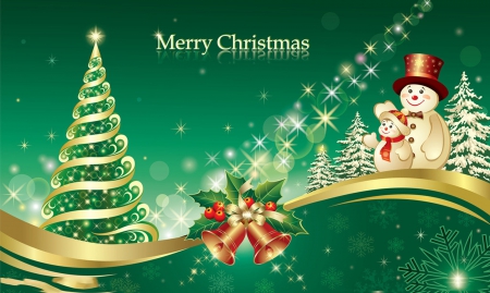 Merry Christmas - snowman, holiday, season, green, tree, Merry Christmas