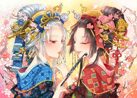 Kuniyoiyume - pretty, anime, geisha, female, blossom, dress, make-up, japan, oriental, gorgeous, hd, nice, silver hair, anime girl, make up, beautiful, girl, beauty, kimono, lovely, brown hair, sweet, flower, yukata, cg, angelic, makeup, floral, japanese