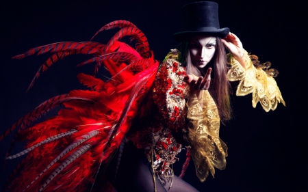 Circus girl - woman, hat, girlmodel, clown, black, red, feather, golden, circus