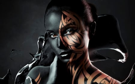 Dark beauty - tattoo, digital art, girl, Jamie Lee Philips, dark, black, make-up, woman, model