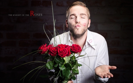 The Knight of the Roses - white, red, flower, rose, kiss, valentine, bouquet, man