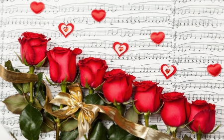 red roses - hearts, roses, red, music, flowers