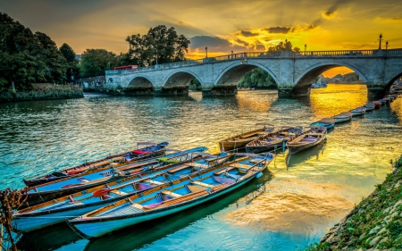 Landscapes - sky, boats, trees, clouds, river, sunset, bridge