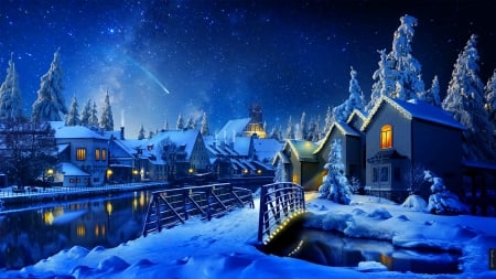 Winter evening - snowflakes, evening, snow, night, reflection, stars, frost, art, sky, winter, beautiful, moonlight, village, nature, lights, painting, peaceful