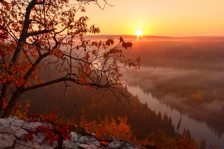 Autumn sunrise - sunrise, leaves, view, mist, lvoely, sky, sun, branches, beautiful, valley, fall, glow, river, nature, rays, autumn, fiery