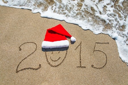 2015 - 2015, beach, new year, santa hat, sea, sand, happy